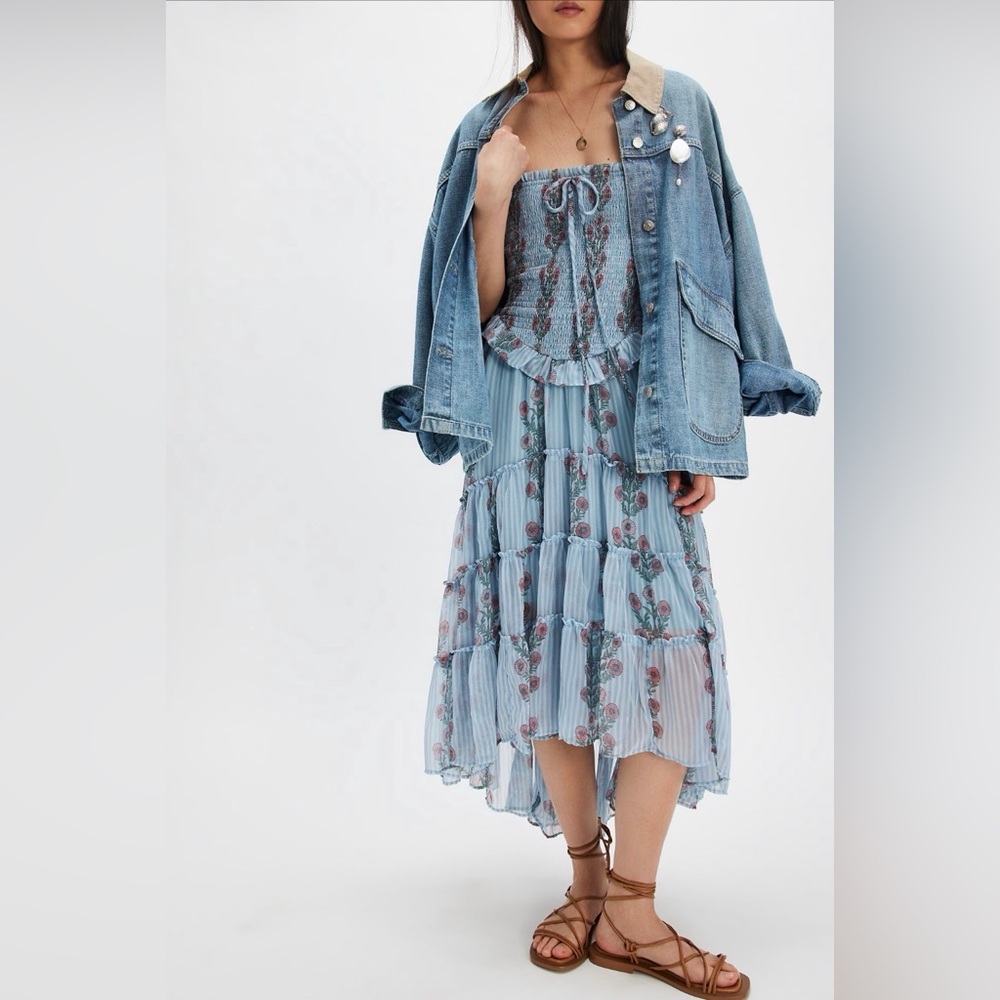 FREE PEOPLE Alejandra Midi Dress Soft Blue Combo Floral Drop waist tiered M - Picture 3 of 16